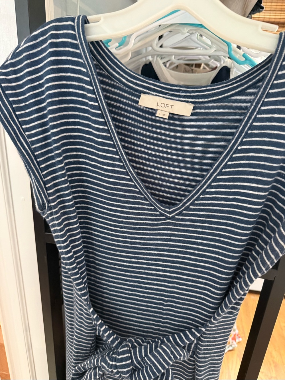 LOFT Women's Navy and White Striped V-Neck Tie-Waist dress